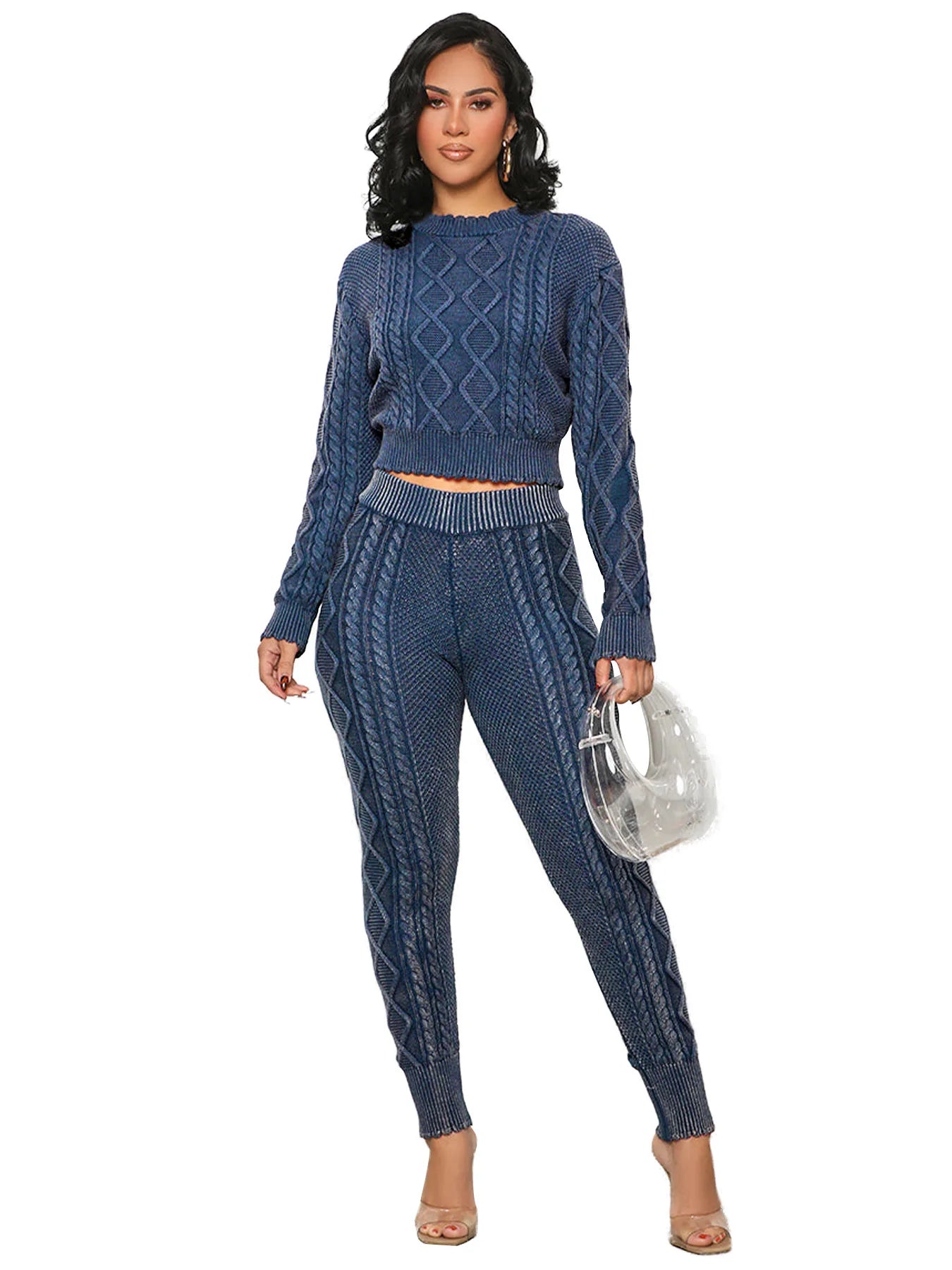 Women Tracksuit 2 Piece Outfits Winter Long Sleeve Stretch Knitted Crop Top And Pants Set Casual Two Piece Set Women Sweater Set