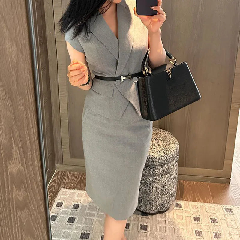 Amay Suit skirt women's summer new professional dress slim fashion short sleeve suit slim skirt two-piece suit