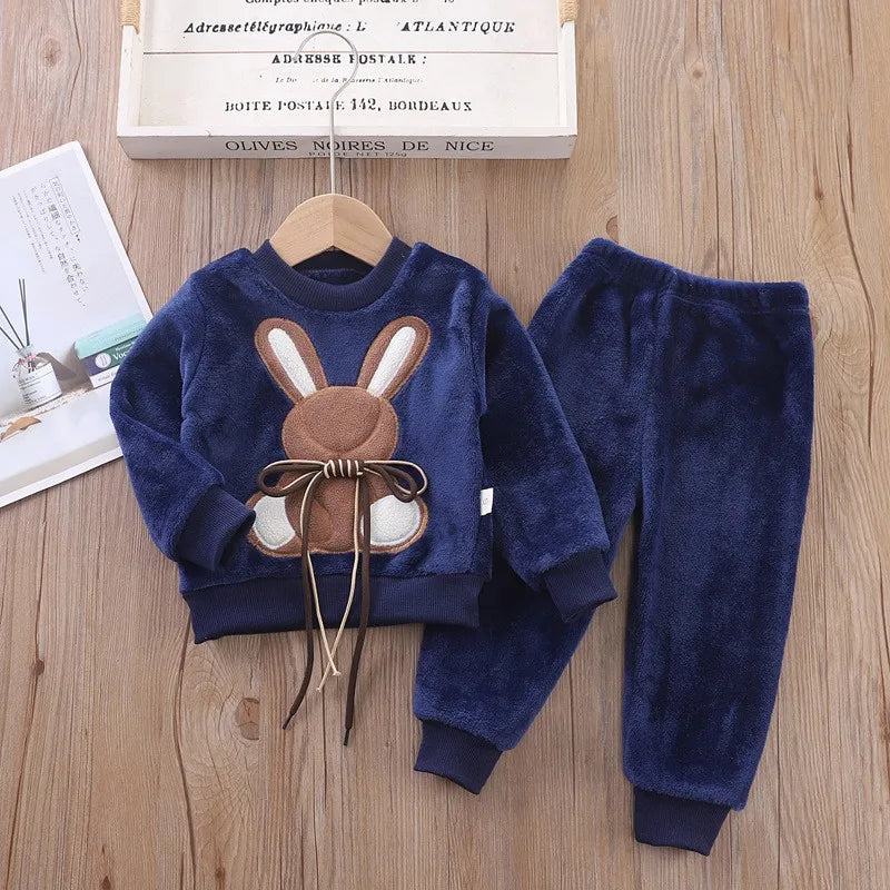 Maxy Children Toddler Set Cartoon Rabbit Pajamas Baby Boy Girl Flannel Warm Sleepwear Top+Pants 2pcs Autumn Winter Casual Clothes New