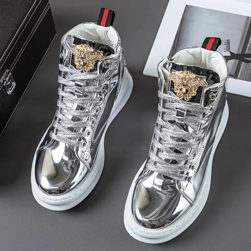 Amay Fashion Y2K boots for men shine leather metal decoration high top boot luxury shoes hairdresser Casual Male sneakers Botines