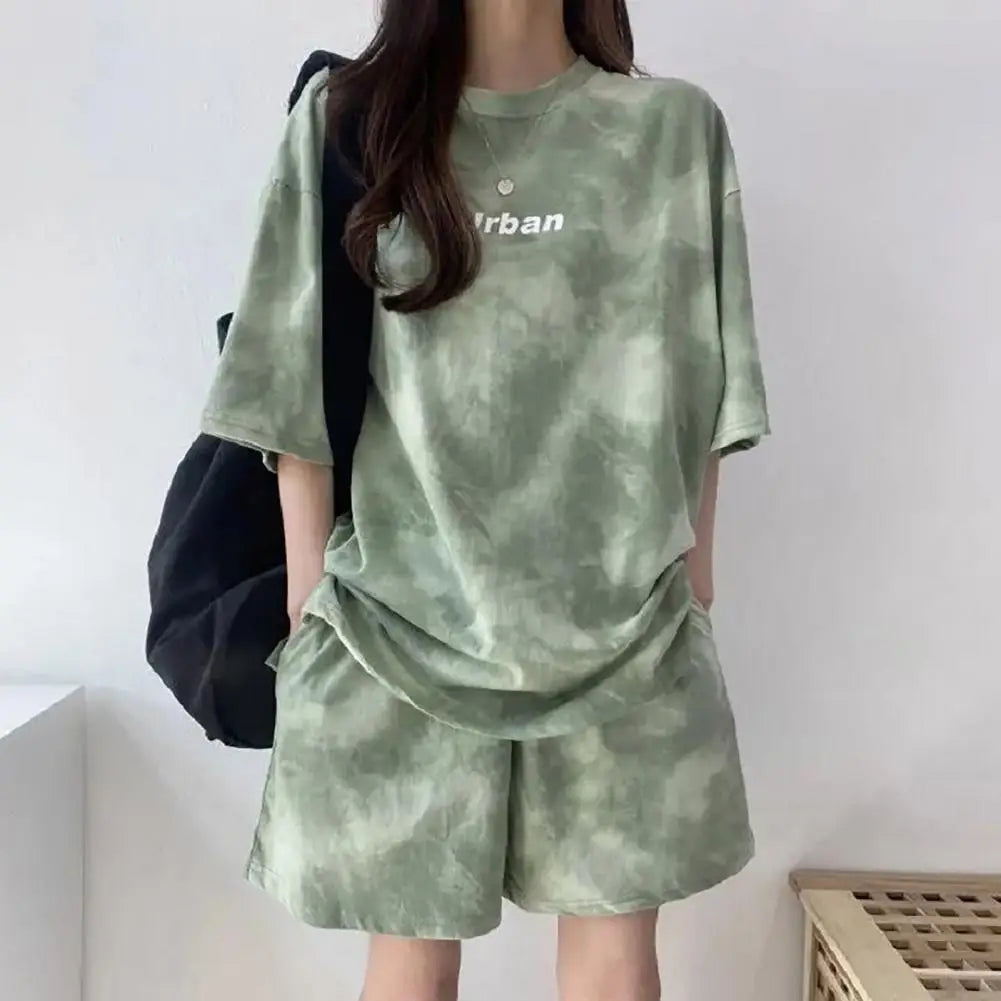 Maxy 2 Piece Suit Women T-Shirt Shorts Set Korean Fashion Tie Dye Loose Short Sleeve T-shirt And Wide Leg Set Students Sports Outfit