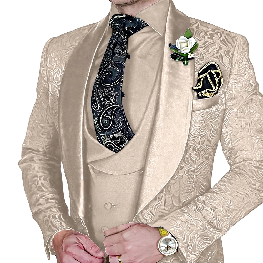 Amay Fashionable Paisley Men's 3-piece Suit Set, Jacquard One Button Blazer, Vest Pants Formal Wedding Party Suits for Men