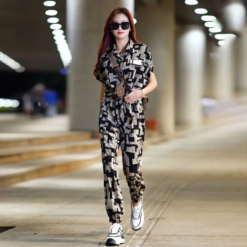 Maxy Women's Pants Two Piece Set Ladies Trouser Floral Summer Promotion Korea Stylish with Sleeve New Matching Clothes D