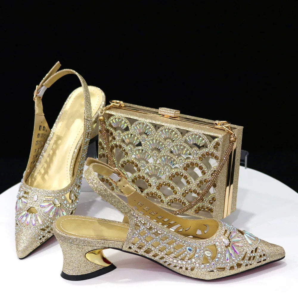 Maxy New Arrival African Pumps Shoes and Bag to Match Set Italian Summer Decorated With Rhinestone Ladies Shoes With Party Bag Set