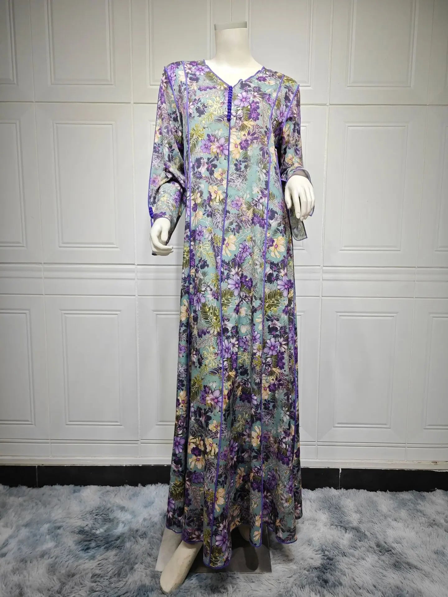 Maxy Spring Floral Print Muslim Abaya Dress Women Vintage Dubai Arab Turkey Morocco Kaftan Islamic Clothing Gown Robe