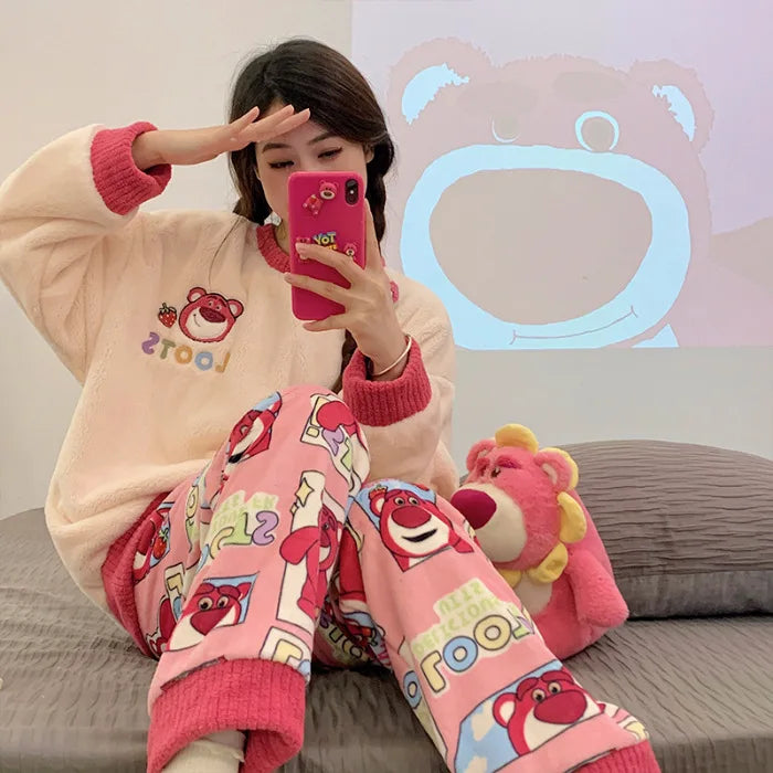 Max Snoopy Cinnamoroll Pajamas Winter Thick Flannel Round Neck Home Clothing Long Sleeved Top Pants Set Girl Christmas Gift