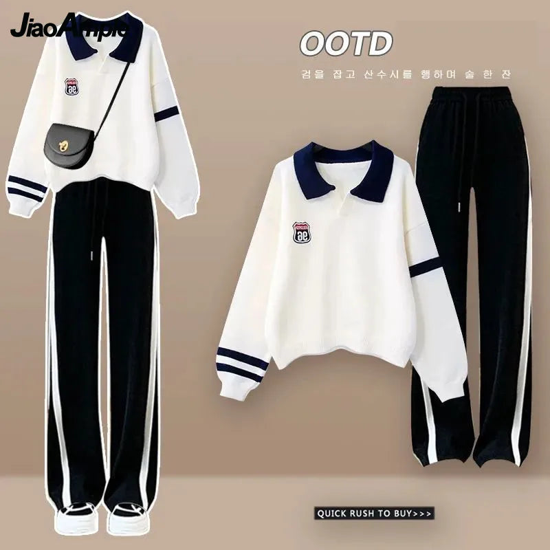 Maxy Spring New Polo Shirt Sweater + Casual Sports Wide-leg Pants Two-piece Woman Tracksuit Set Korean Elegant Loose Sportswear