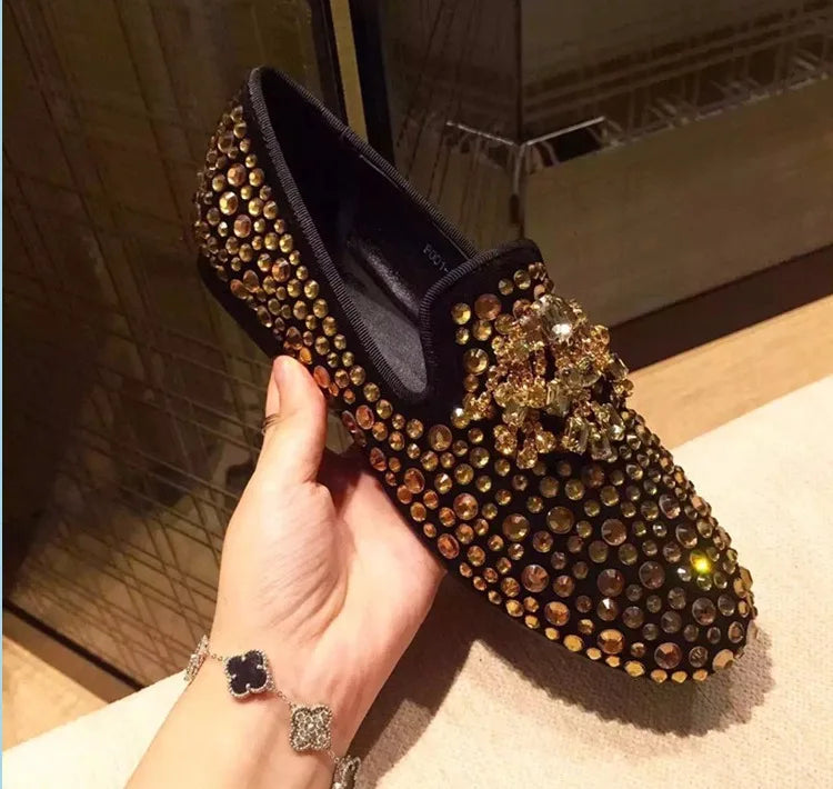 Visco Spring Gold Black Handmade Rhinestone Men Shoes Crystal Loafers Male Luxury Party Wedding Shoes Slip on Men's Flat shoes