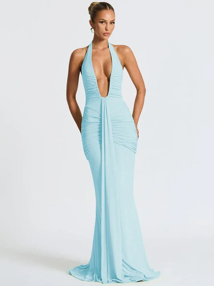Maxy Deep V Neck Backless Sexy Maxy Dress Women Gown Summer Halter Sleeveless Draped Club Party Long Dress