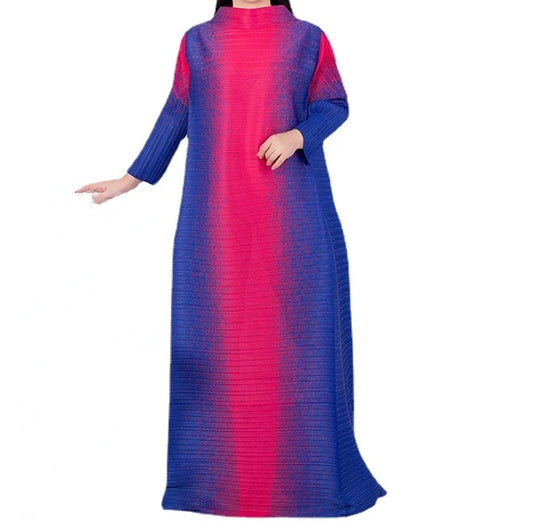 Maxy Pleated Print Contrast Color Women's Dress Spring New O-Neck Long Sleeve Elegant Loose Fit Women's Dress