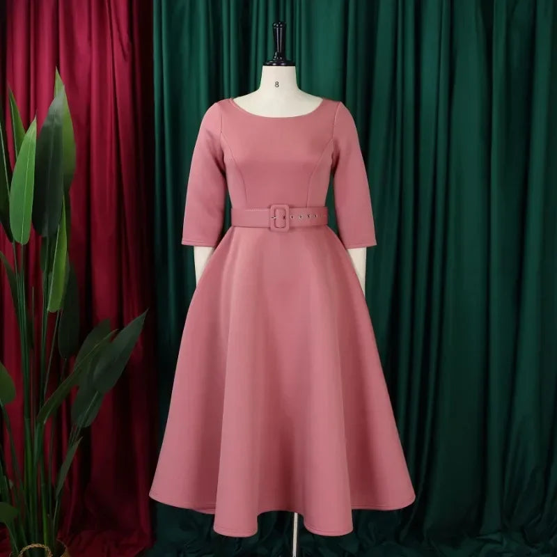 Amay Elegant African Party Evening Dresses for Women Spring Fashion African 3/4 Sleeve Polyester Dress With Belt Africa Clothing