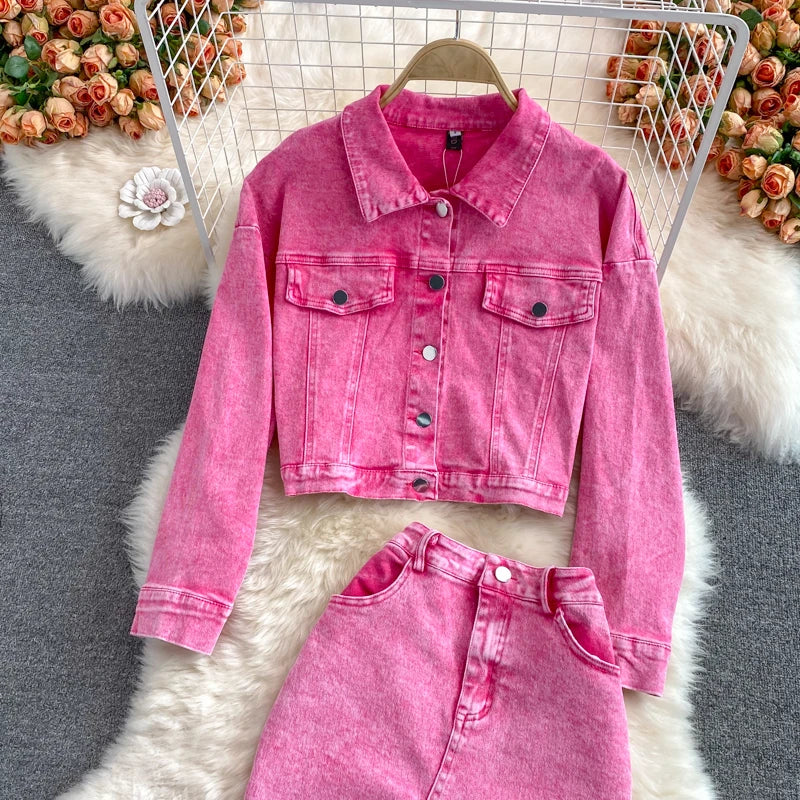 Maxy Autumn Women Pink Denim Sets Lapel Long Sleeve Short Denim Jacket High Waist Denim Skirt Korean Female Two Piece Set Streetwear