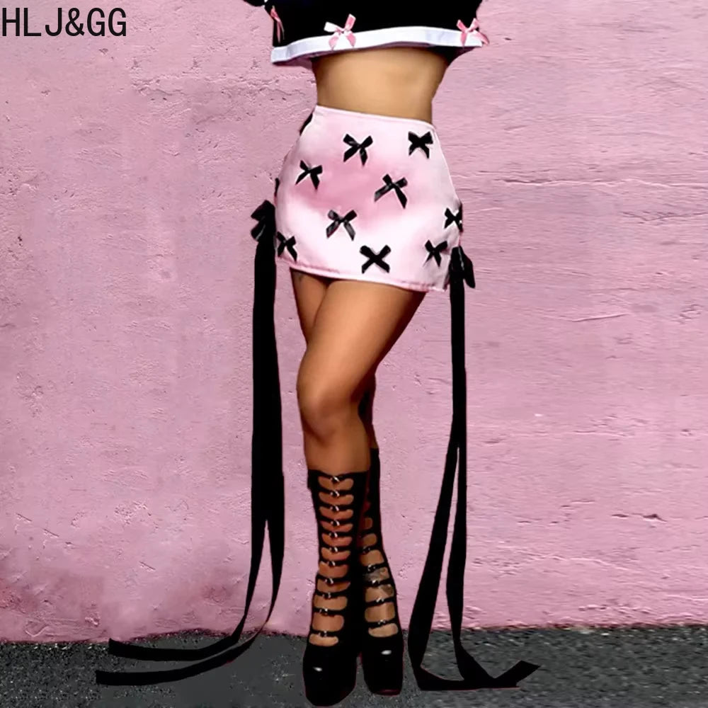 Maxy HLJ&GG Y2K Pink Fashion Bow Design Two Piece Sets For Women Sleeveless Backless Slim Tube + Mini Skirts Outfits Female Clothing