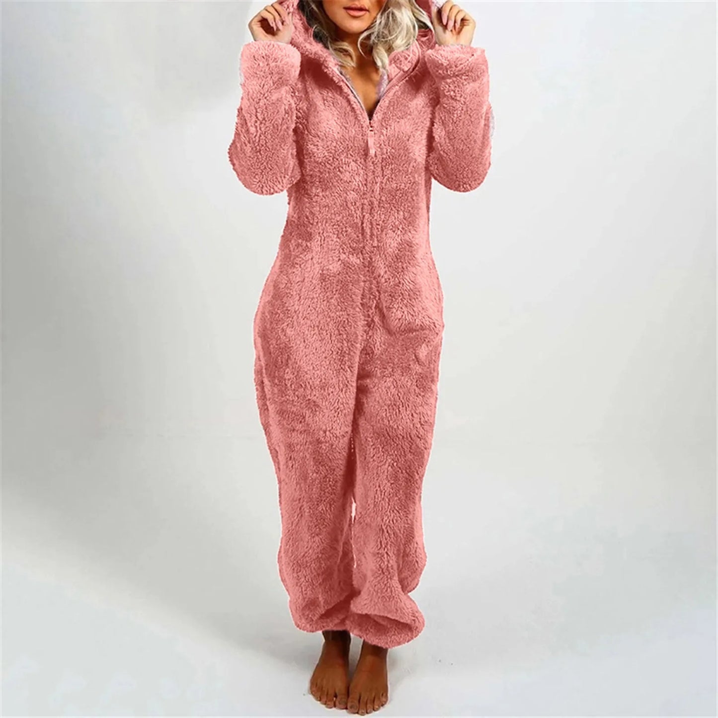 Babs Plus Size Coral Fleece Jumpsuit for Women Christmas Pajamas One-Piece Pyjamas Winter Warm Women Hooded Onesies Sleepwear