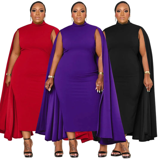 Maxy Plus Size Elegant Solid Women Dress Spring Long Cloak Sleeves Bodycon Party Dresses Oversized African Style Office Lady Vestidos
