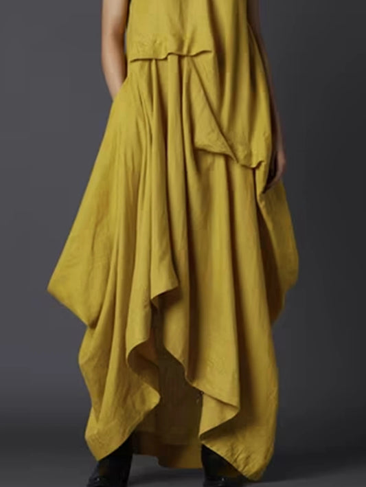 Maxy Summer Pockets Dress Women Crew Neck with Back Button Irregular Maxi Dresses Female Elegant Fashion Casual Loose Tank Dress