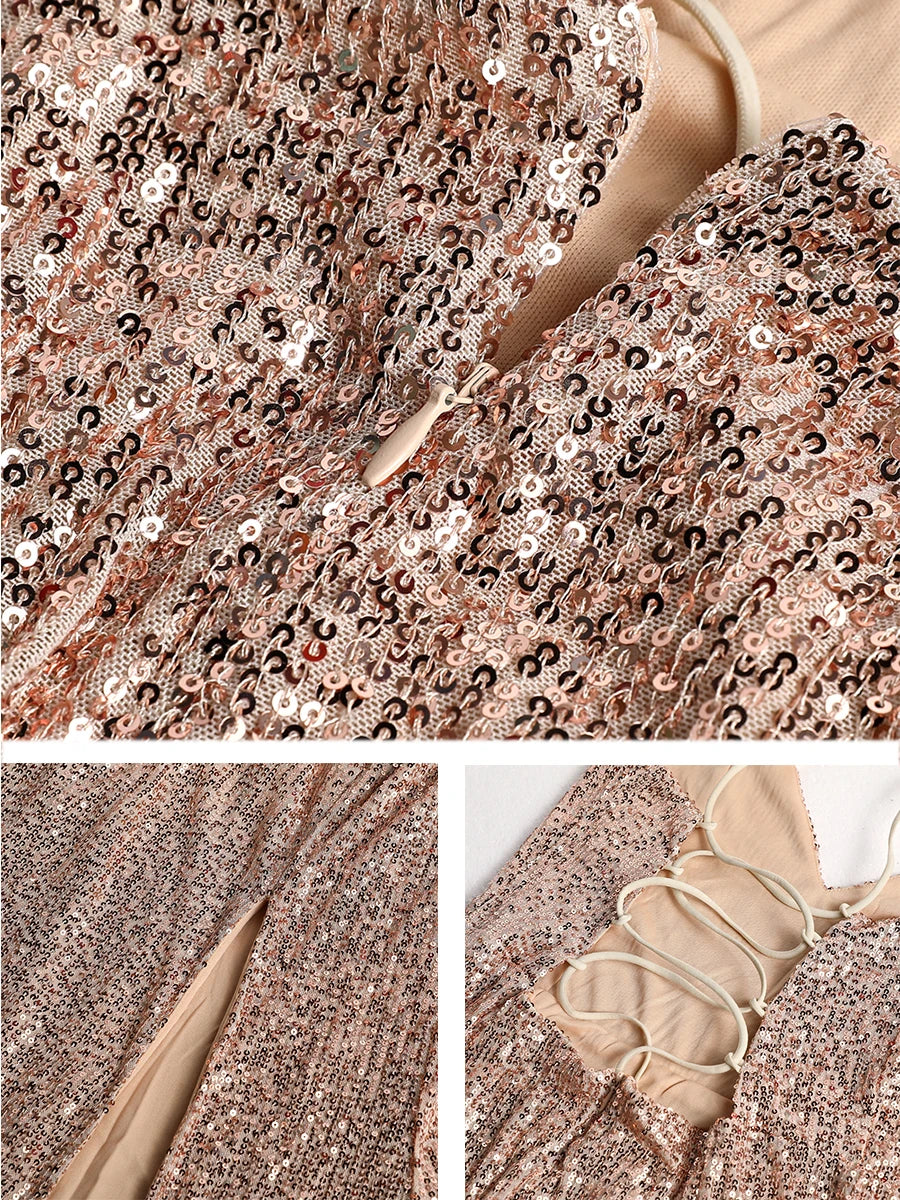 Maxy Shiny Sequin Spaghetti Strap Backless Split Evening Dresses Cocktail Party Women's Sexy Maxi Dress Ballroom Dress