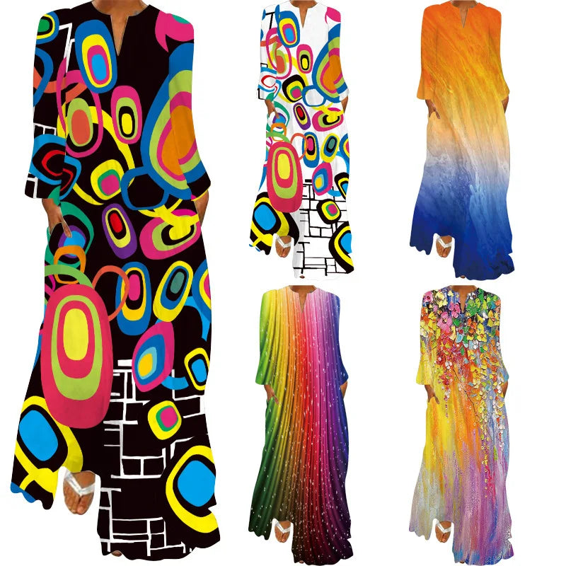 Maxy Casual Print Dress for Women Autumn New Printed V-neck Robe Vestidos Ladies Fashions Elegant Loose Long Dresses Vestidos