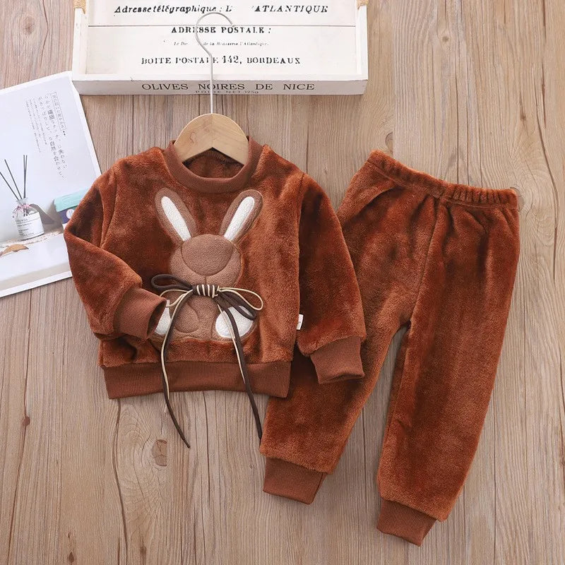 Maxy Children Toddler Set Cartoon Rabbit Pajamas Baby Boy Girl Flannel Warm Sleepwear Top+Pants 2pcs Autumn Winter Casual Clothes New