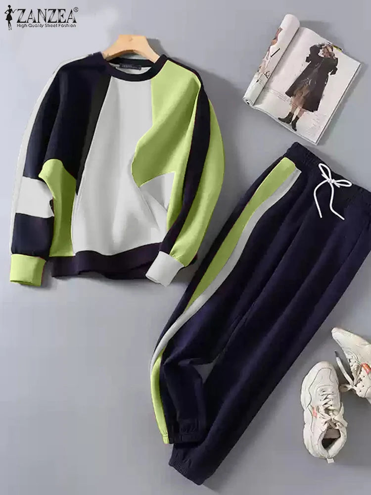 Maxy Fall Loose Tracksuits Long Sleeve Sweatshirts Sweatpants Casual Color Block 2pcs Outfits Streetwear Women Pant Sets