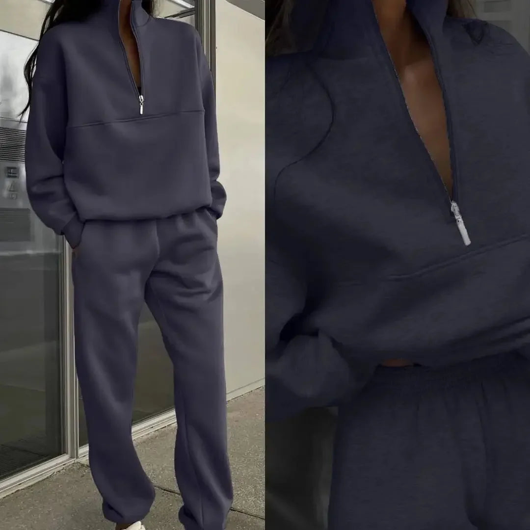 Maxy Casual Pants Sets Woman Autumn Loose Pullovers Zippers Long Sleeve Women's Tracksuit Elastic Waist Solid Trousers Sets All-match