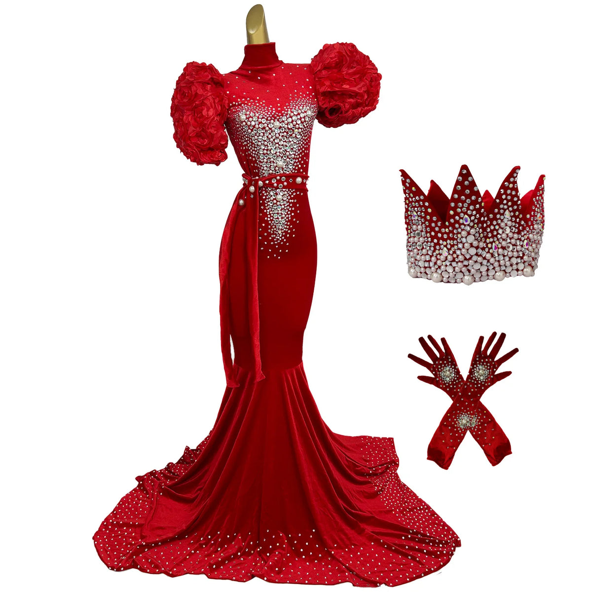 Maxy Women Velvet Backless Evening Dress Sparkling Rhinestone Pearls High-end Floor-length Dress Birthday Party Queen Couture Sirong