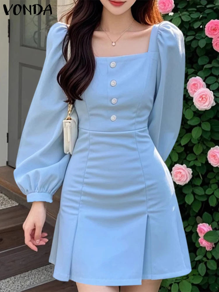 Maxy Casual Solid Color Square Collar Sundress French Style Women Mini Dress Lantern Sleeve Wrap Hip A-Line Robe