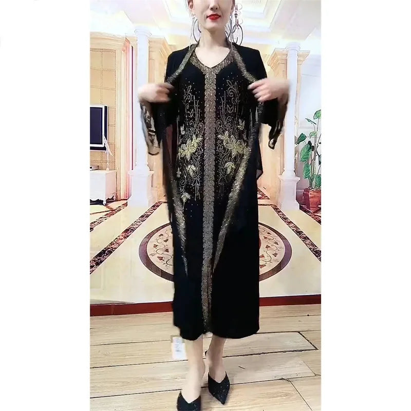Maxy Female Fashion Sets Skirt Loose Slim Temperament Two-piece Dress Women High-end Heavy Industry Embroidery Rhinestones Dress
