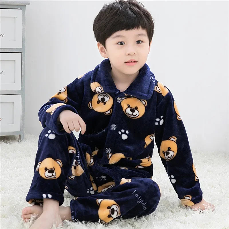 New Kids Max Pajama Sets Boys Girls Autumn Winter Thicken Warm Home Wear Cartoon Lapel Long Sleeve Sleeping Clothing Sets