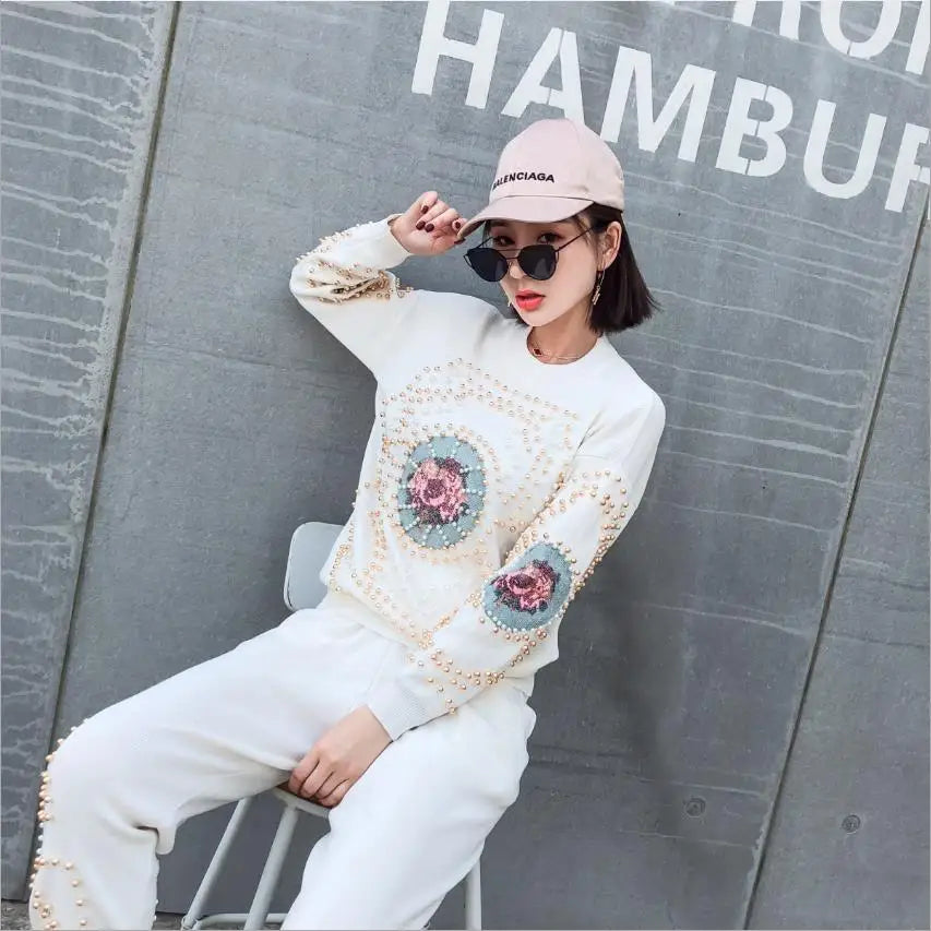 Maxy fashion brand diamond beading suits female woolen warm knit sweaters + rivet beading knit pants two pieces sets wq2384 factory