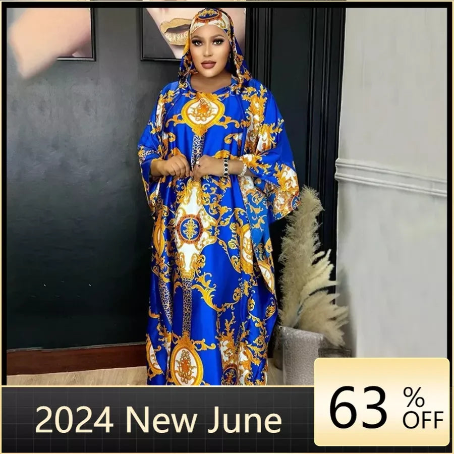 Maxy Elegant Dresses for Women Muslim Fashion Print Boubou Dashiki Ankara Outfit Evening Gown Abayas Kaftan Hooded Robe