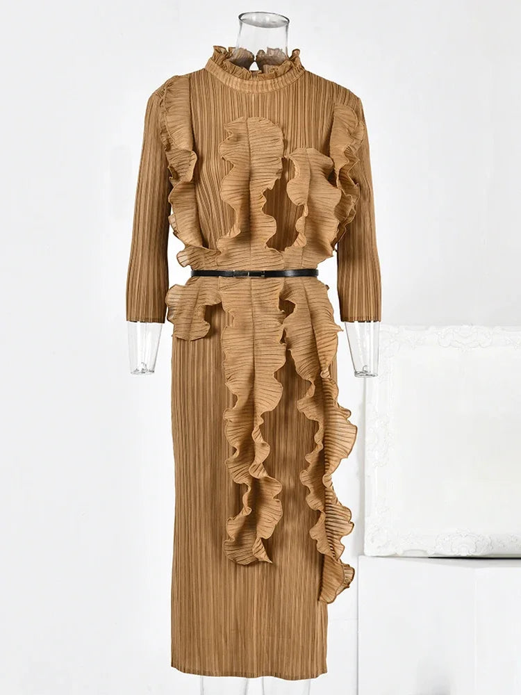 EGRM Ruffles Pleated Miyake Dress For Women 2024 New Solid Stand Collar Long Sleeves Ladies Party Dresses With Belt 5RM6218