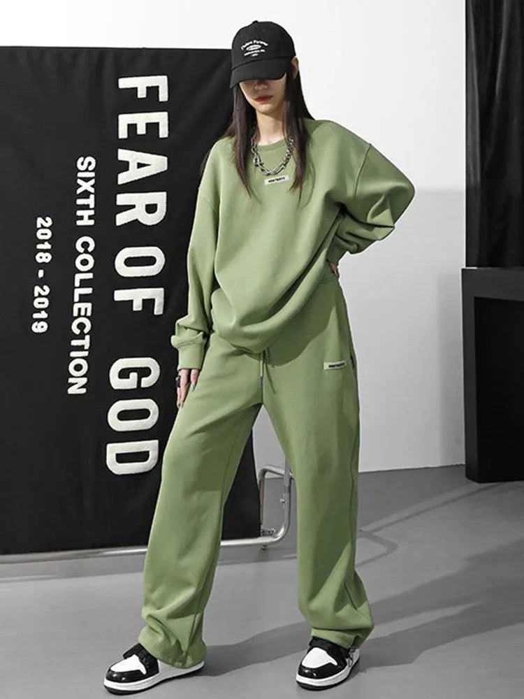 Maxy Korean Fashion Thicken 2 Piece Sets Women O-neck Velvet Lined Pullover Tops Conjuntos Winter Warm Solid Sweatpants Tracksuit New
