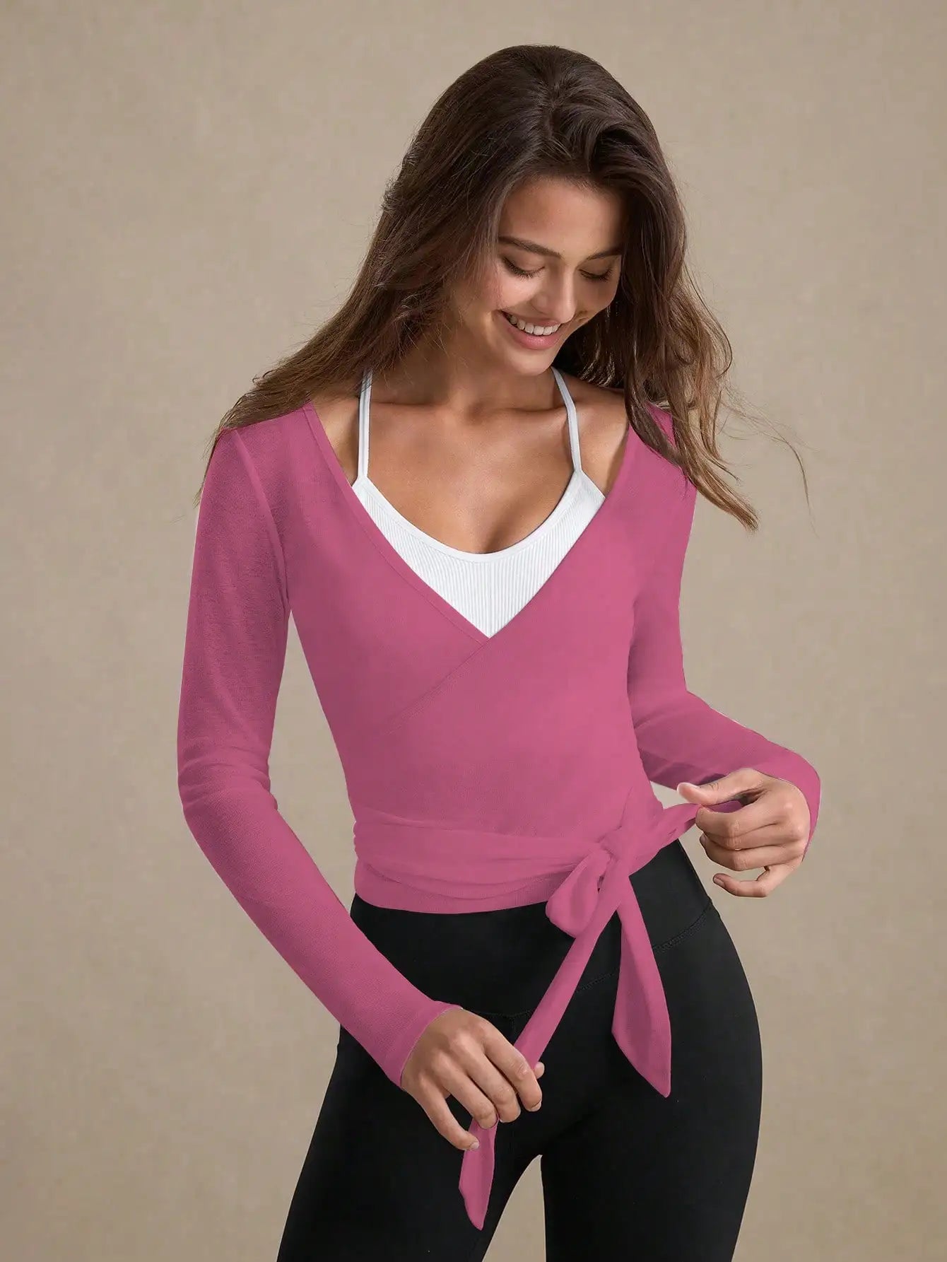 Maxy Women's Long Sleeve Wrap Crop Top With Tie-Up Detail Casual Sporty