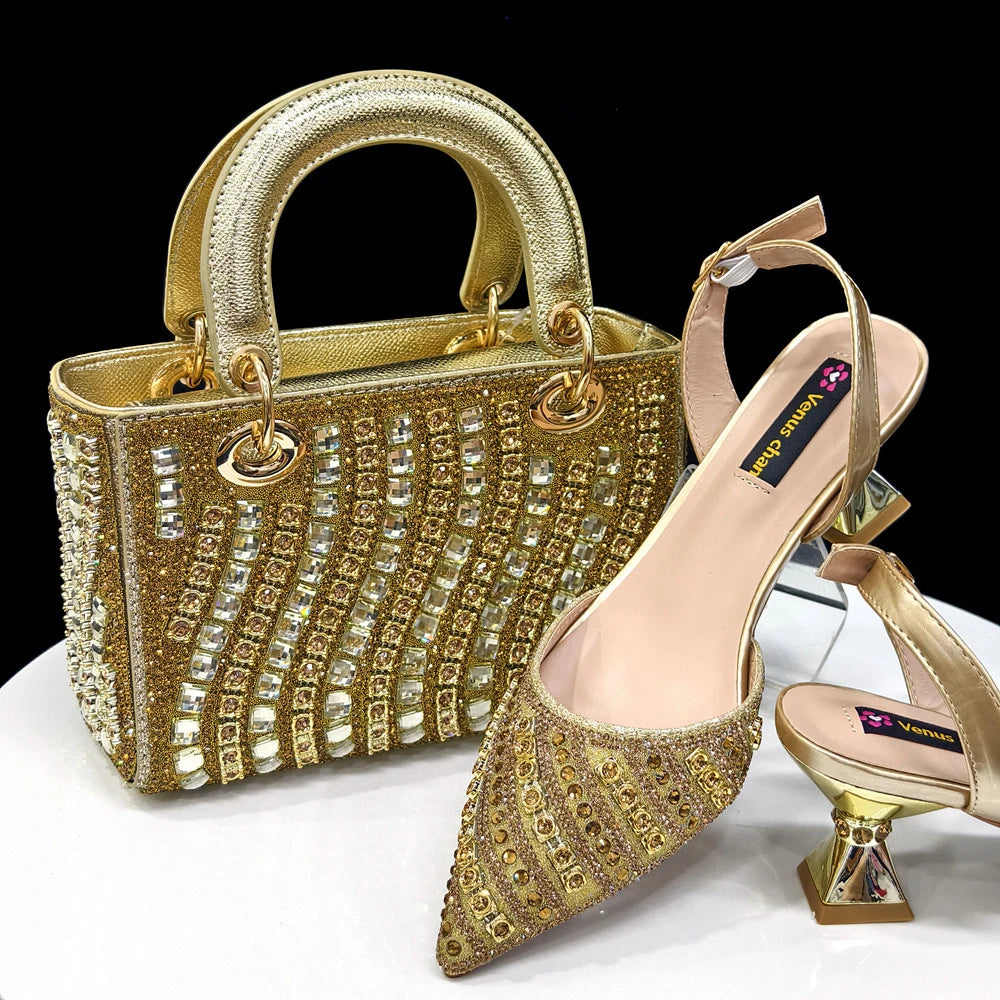 Maxy Summer New Design Specials Italian Women Shoes and Bag Set Blue Color Comfortable Low Heels With Rhinestone