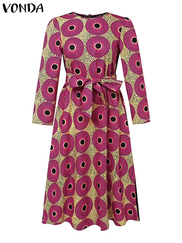 Maxy Plus Size 5XL VONDA Bohemian Maxy Long Dress Women Printed Sundress Fashion Long Sleeve Vestidos Casual Loose Robe