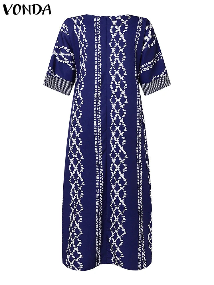 Maxy Plus Size 5XL VONDA Autumn Bohemian Printed Dress Women Vestidos Casual Half Sleeve Maxi Sundress Simple Elegant Long Robe