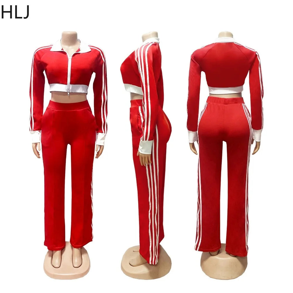 Maxy HLJ Autumn New Patchwork Sporty Two Piece Sets Women Zipper Long Sleeve Crop Top And Pants Outfits Fashion Stripe 2pcs Tracksuit