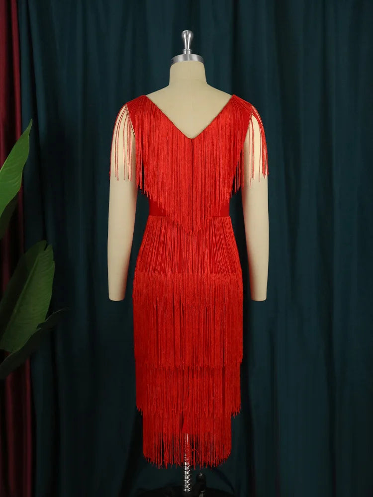 Maxy Plus Size Tassel Sleeveless Elegant Dress Female Luxury Dinner Prom Women Solid Fringed Robe Fashion Large Size Evening Dress