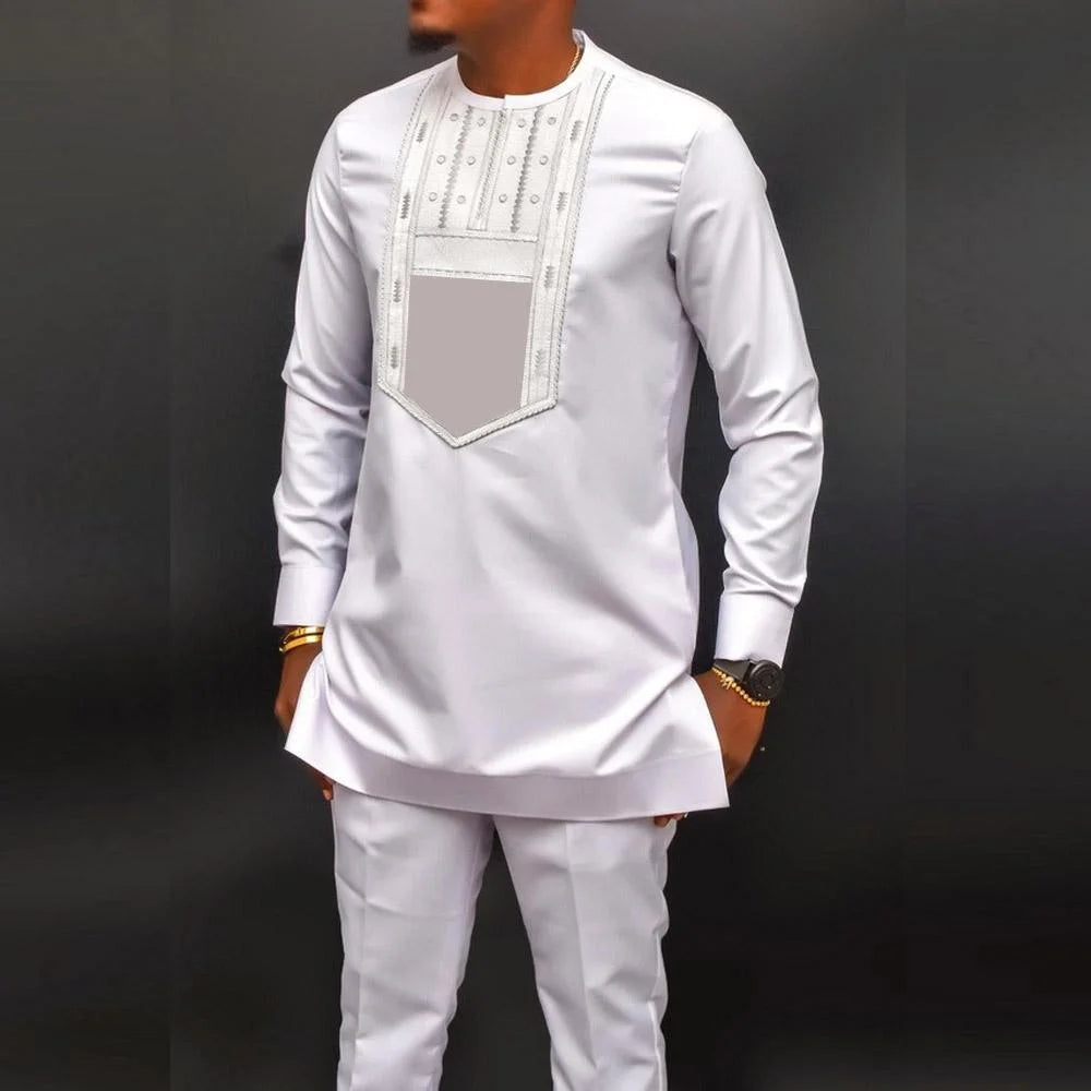 Amay New Kaunda Men's Set Fashionable and Elegant Men's Wedding Set Round Neck Long Sleeve Embroidered Men's Full Set Suit