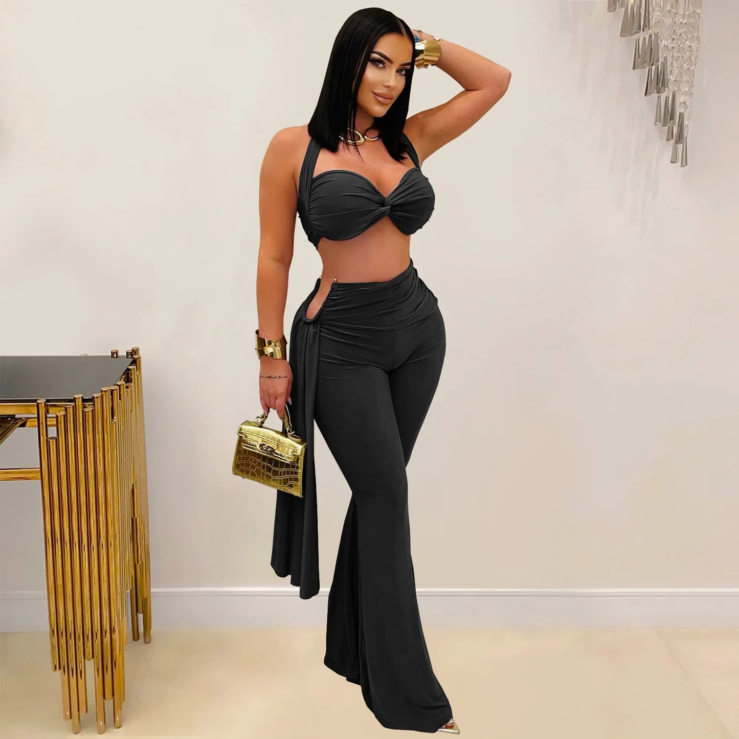 Maxy Sexy Halter Bikini Tops 2 Piece Pant Set Outfits Y2K Streetwear Women Flare Pants Tracksuit Elegant Bandage Tops Two Piece Sets