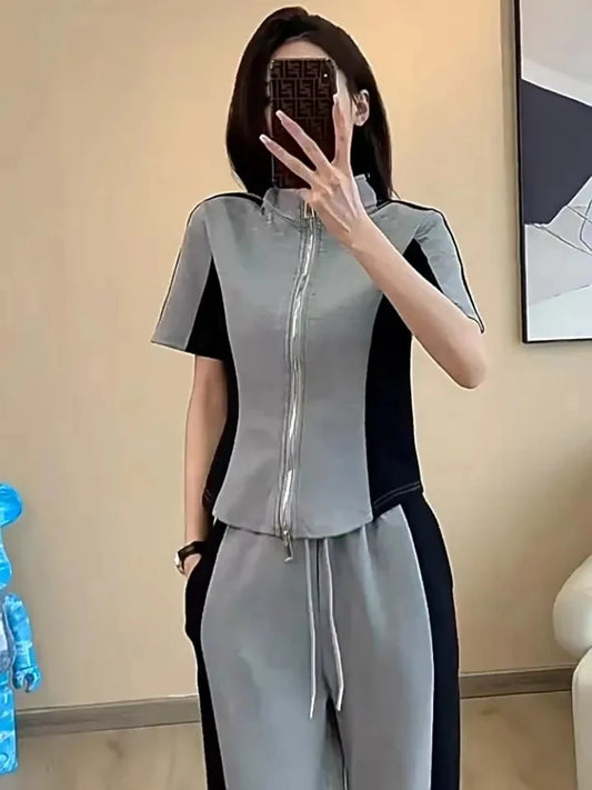 Maxy Summer New Stitched Zipper T-shirt top Female Set Elegant Women's Jeans Casual Blouse Two Piece Set Ladies Tracksuits Suit