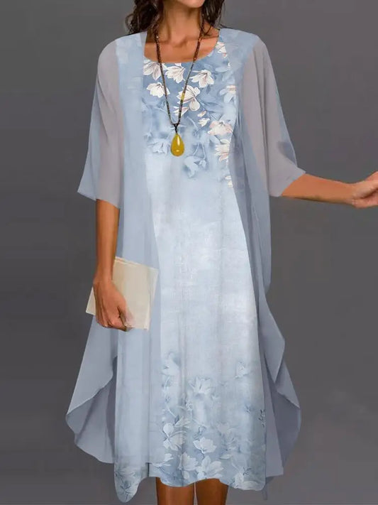 Maxy Summer Elegant Dress Two-piece Set Women Fashion Floral Print Dress For Women Casual Long Cardigan Coat Sun Protection Shirt