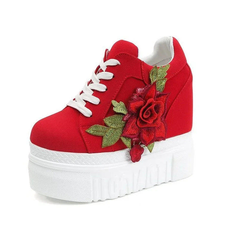 Maxy Embroidered Flowers Canvas Sneakers Autumn Women High Wedge Sneaker Fashion White/black/red Platform Woman's Sports Casual Shoes