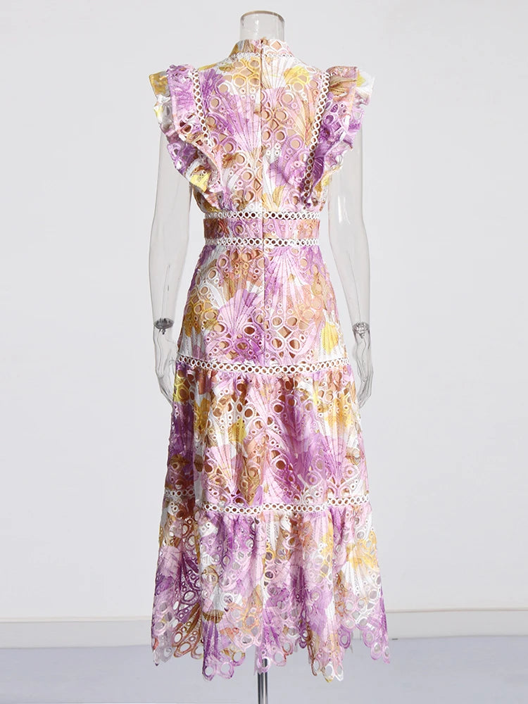 Maxy Colorblock Hollow Out Temperament Dress For Women Stand Collar Flying Sleeve High Waist Slim Dress Female Fashion