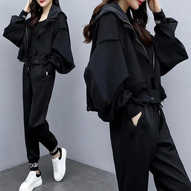 Maxy Spring Autumn Harem Pants Casual Two-piece Sets Women Hooded Patchwork Colour Short Top Suits Female Loose Thin 2-piece Sets