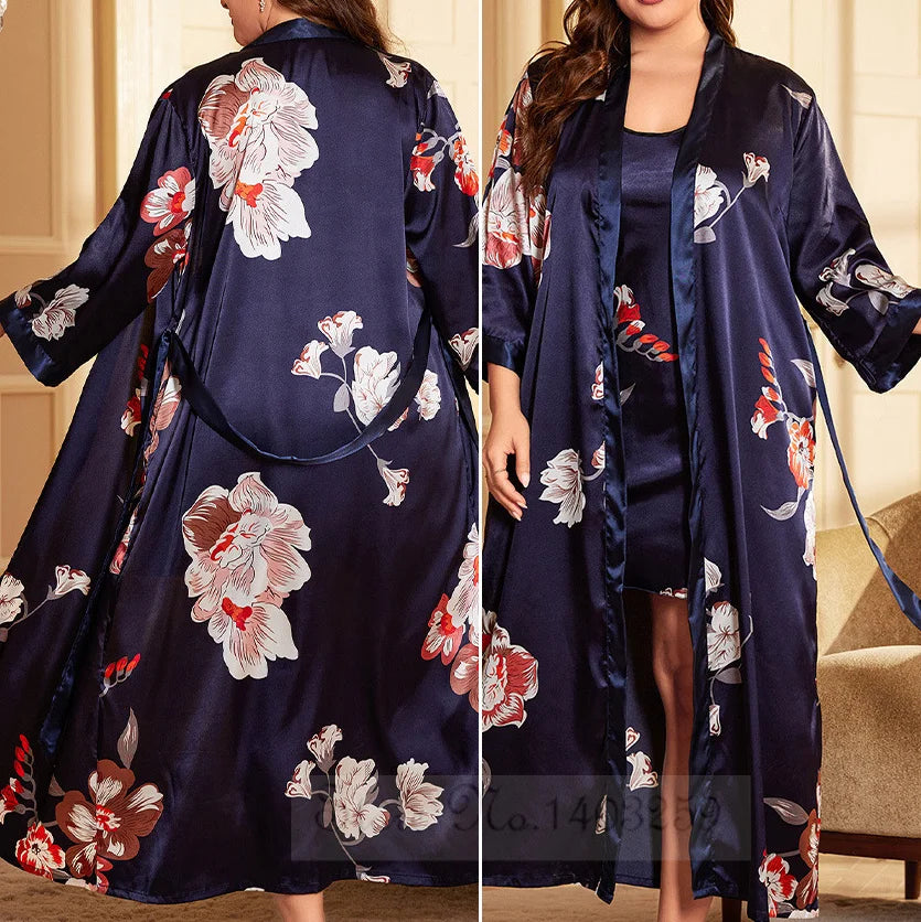 Maxy Large Size 3XL 4XL 5XL Female Robe Nightgown Print Flower Long Kimono Bathrobe Gown Sleepwear Loose Satin Home Dress Lounge Wear