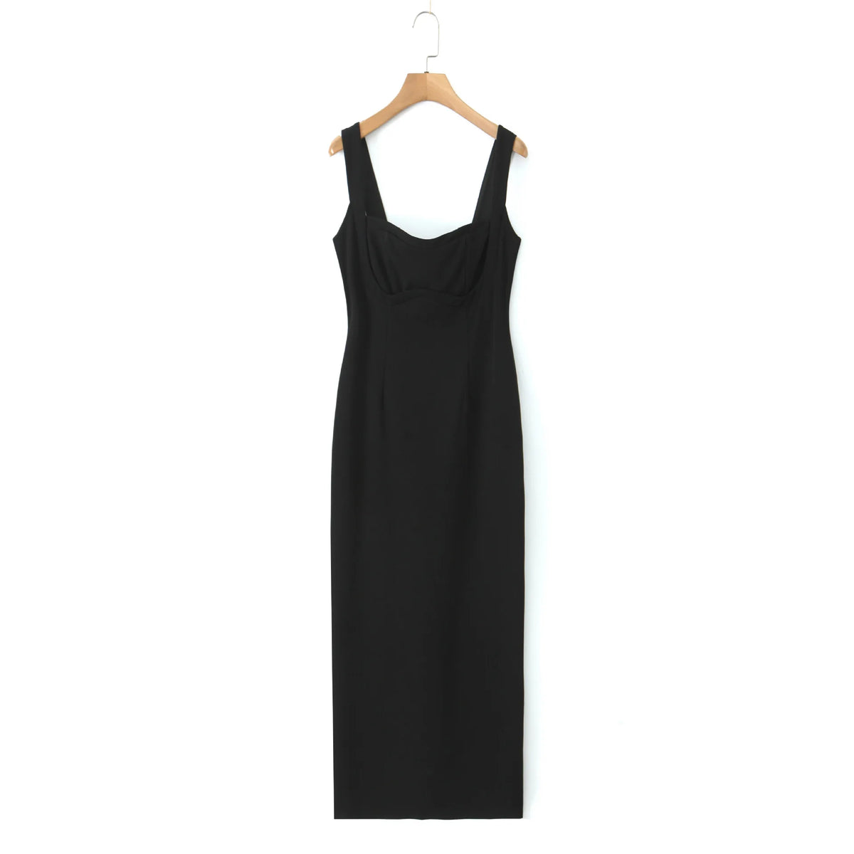Maxy 3D Breast Cup French Slim Waist Solid Color Strap Dress Premium Plus Size Women Square Collar Back Slit Long Formal Dress 9182