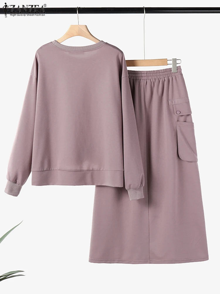 Maxy Winter Autumn Sweatshirts Dress Sets ZANZEA Women Long Sleeve Hoodies Tops Sundress OL Matching Sets Spring 2pcs Outfits