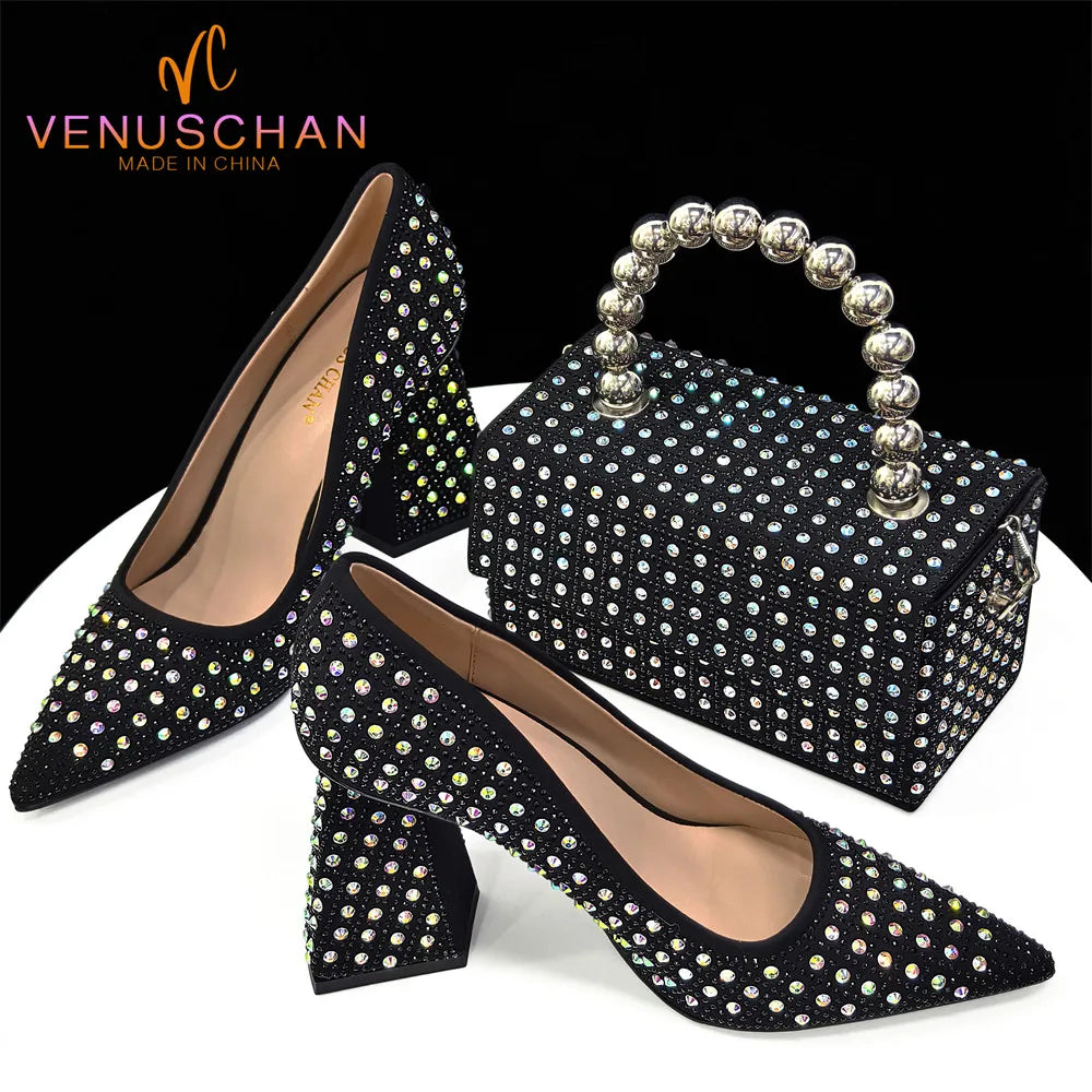 Maxy Venus Chan High Heels with Bag, Elegant Pointed Toe for Party, African Black Shiny Rhinestone Shoes Set of Italian 2024